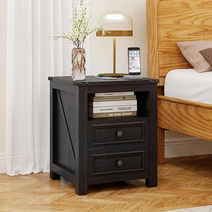 Vipbear Nightstand Set of 2, 18” Wide Farmhouse Night Stand with Charging Station for Bedroom, End Table with 2 Drawers Living Room Wood Sofa Side Table with Storage, Black