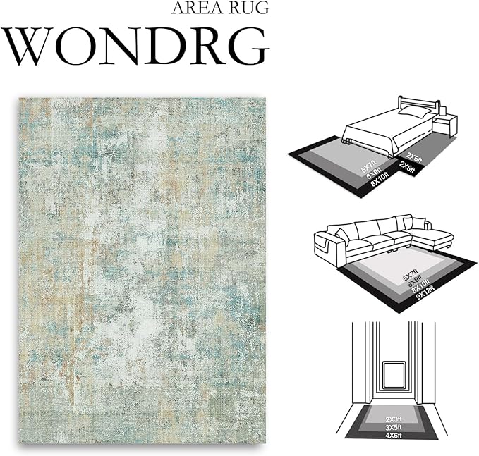 5x7 Washable Area Rug Teal Beige Modern Neutral Abstract Living Room Bedroom Indoor Floor Carpet Low Pile Soft Non-Slip Lightweight Vacuumable Throw Rug for Kitchen Nursery Dining Room