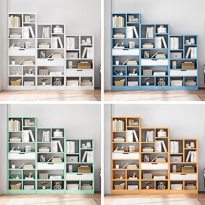 IOTXY Wooden Open Shelf Bookcase - 71 Inches Tall Freestanding Display Storage Cabinet Organizer with 10 Cubes and a Drawer, Floor Standing Bookshelf in Tiffany-Green