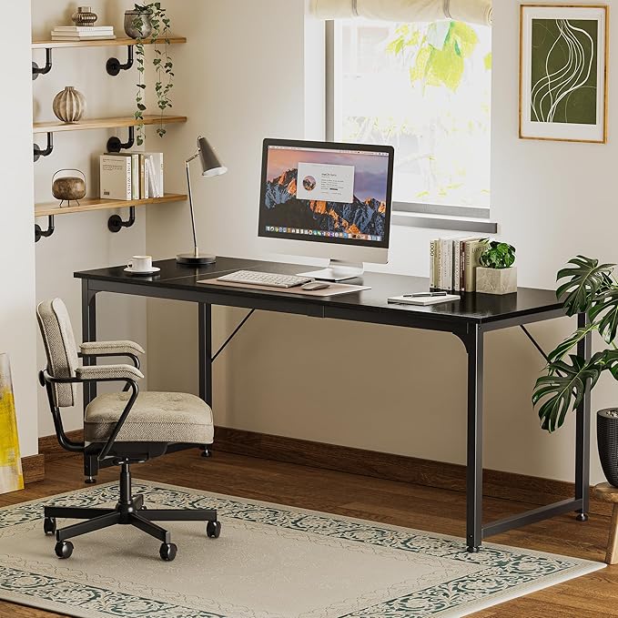 Huuger Computer Desk, 70 Inch Office Desk, Gaming Desk with Storage, Writing Desk Work Desk for Home Office, Study, Long Simple Desk, Large Legroom, Metal Frame, Black
