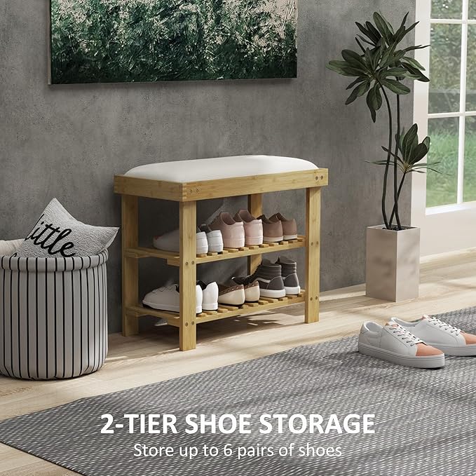 HOMCOM Bamboo Shoe Bench, 3-Tier Entryway Bench with Storage and Cushion, Shoe Organizer for Entryway, Hallway, Holds Up to 331 lbs, 23.6 x 11.4 x 19.3 Inches, Cream White