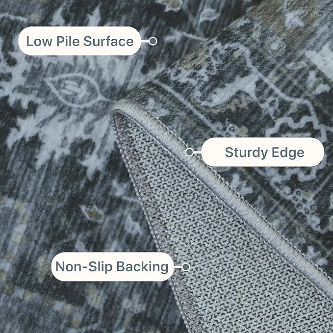 GENIMO 6x9 Area Rugs for Living Room, Machine Washable Non Slip Vintage Rugs, Low Pile Lightweight Chenille Print Rug for Bedroom, Dining Room, Home Office,Dark Gray
