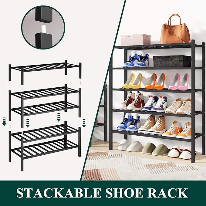 Smiry Shoe Rack, 2 Tier Bamboo Shoe Organizer, Stackable Free Standing Wooden Shoe Storage Shelf for Closet, Entryway, Front Door Entrance, Black