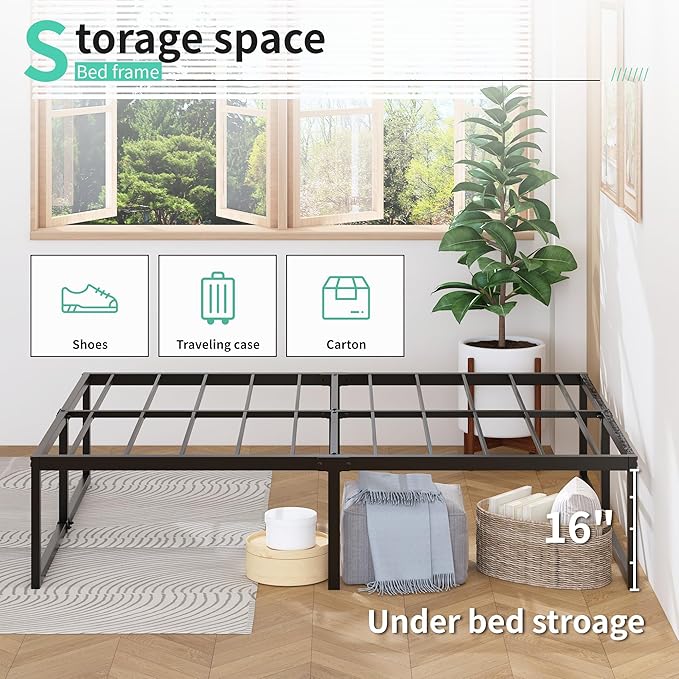 18 Inch Queen Bed Frame with Cover Skirt, Heavy Duty Steel Slat Support Metal Platform Bed Frame Queen Size No Box Spring Needed, Easy Assembly, Black and Blue