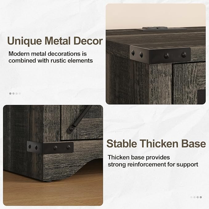 Farmhouse End Table Set of 2 with Charging Station, 26.4" Tall Rustic Nightstand with Drawer and X Barn Door, Country Bedside Sofa Side Table for Living Room, Dark Brown