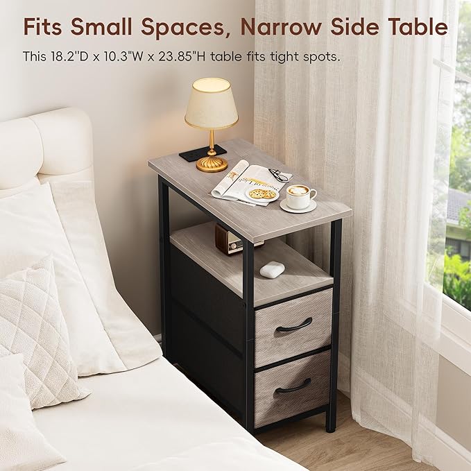 Vagusicc End Table with Charging Station Set of 2, Narrow Side Table, 23.8'' Tall Nightstand with 2 Drawers, Small Sofa Side Table Narrow Nightstand for Small Spaces, Living Room, Bedroom, Rustic Grey
