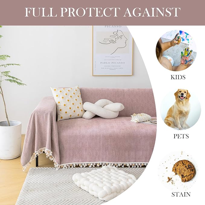 HANDONTIME Boho Chenille Sofa Cover for 3 Cushion Couch - Pink-Purple Tassel Throw for Dogs, Mauve, 91" X 118"