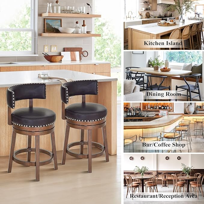 COLAMY Swivel Bar Stools Set of 3, Swivel Counter Height Barstools with Back, 25 Inch Modern Upholstered Bar Stools for Kitchen Island Dining Room Bar, Dark Brown