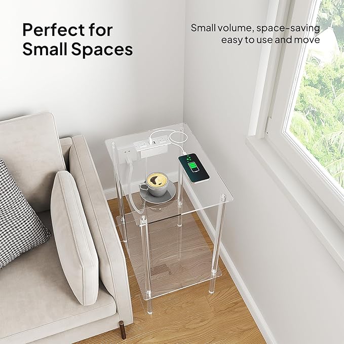 Eglaf Acrylic Side Table with Charging Station & USB Ports - Small Nightstand Bedside Table End Table for Living Room, Bedroom - 15.7'' L x 11.8'' W x 21.7'' H, 2 Tier