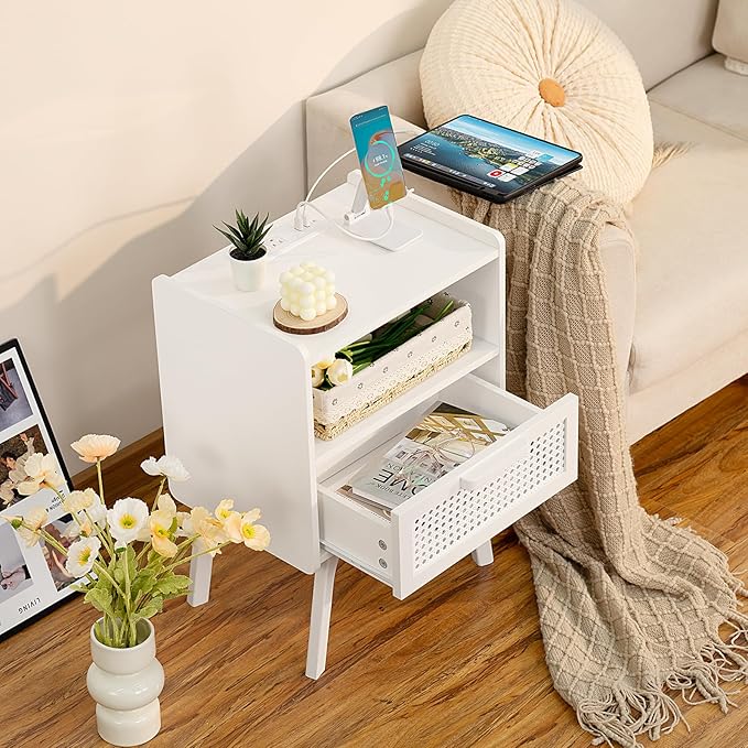 Lerliuo Rattan Nightstands set of 2 with Charging Station, Side Table with Drawer Open Shelf, Cane Accent Bedside End Table with Solid Wood Legs, Night Stand for Bedroom, Dorm and Small Spaces (White)