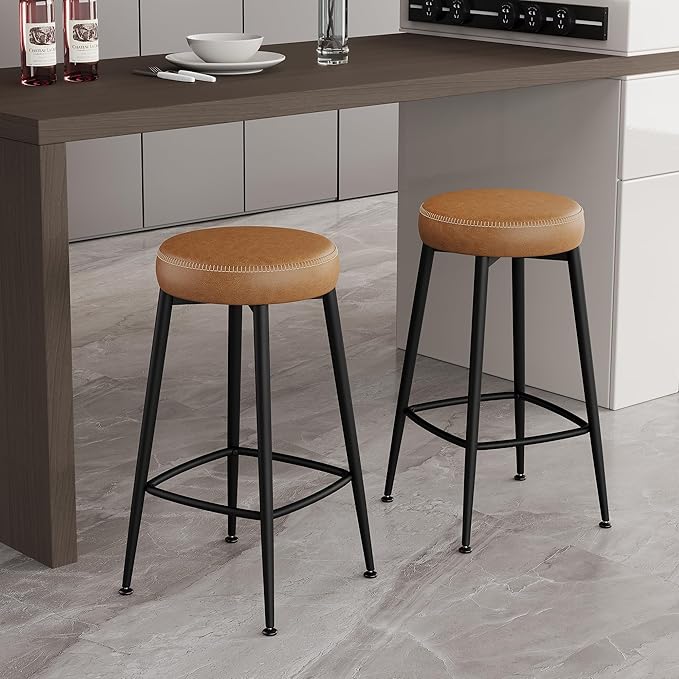 Counter Height Bar Stools, 26" H Backless Bar Stools Set of 2, Upholstered Faux Leather Kitchen Counter Stools, Mid Century Modern, Kitchen Island Home Bar, Pub, Caramel Brown