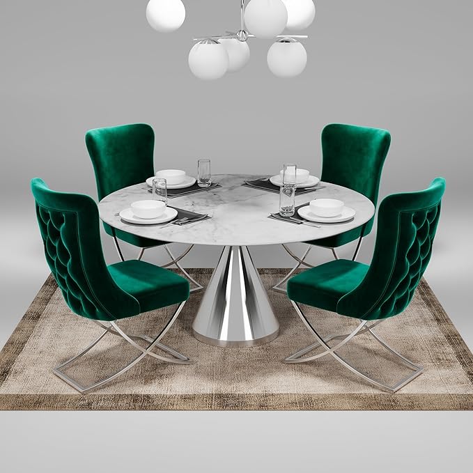 Ottomanson Royal Dining Chairs Set of 8 – Upholstered Tufted Microfiber, Assembled, Silver Metal Legs, Beech Wood Frame, 350 lb Capacity, Green