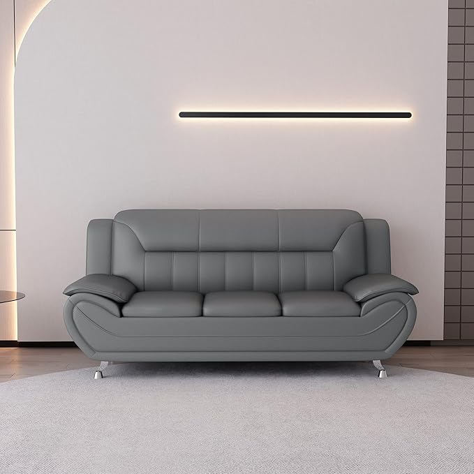 Container Furniture Direct Michael Modern Faux Leather Upholstered Stainless Steel Legs Living Room Sofa, Gray