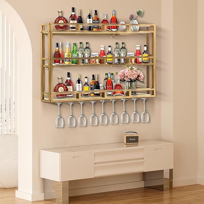 Metal Wine Rack Wall Mounted, Bar Shelves for Liquor Bottles with LED Light, 3 Tier Large Capacity Liquor Rack Wall Mounted with Glass Holder for Home Bar & Dining Room （Gold, 71in/180cm）