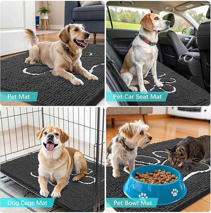 OLANLY Door Mat for Muddy Dog Paws 47x24, Ultra Absorbent Chenille Mud Doormat with Paw Print Design, Non-Slip Washable Doormat for Indoor Entryway, Quick-Dry Pet Bed Mats for Dirty Dogs, Dark Grey