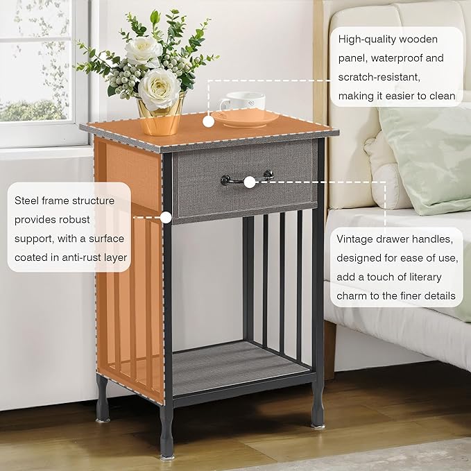 VECELO Nightstands Set of 2, Industrial Side Table/End Tables with Drawer and Storage Shelf, Night Stands for Bedroom, Living Room, Wood Metal Furniture, Easy Assembly