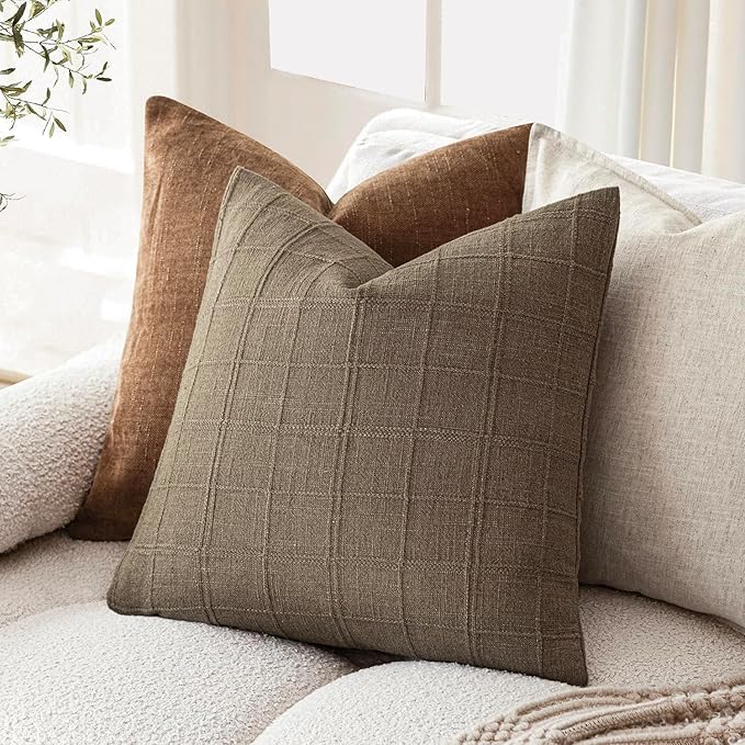 Foindtower Set of 2 Decorative Linen Check Throw Pillow Covers Neutral Farmhouse Vintage Cushion Covers Modern Boho Home Decor for Sofa Chair Couch Bedroom Living Room Outdoor,16×16 Inch,Light Brown