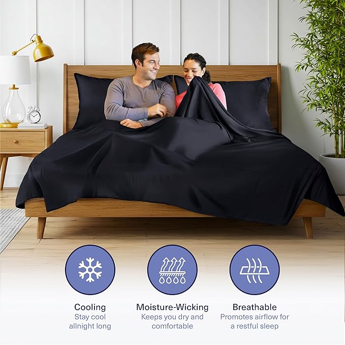 Kickoff Viscose Bamboo Sheets Queen Size 4-pc 100% Organic Bamboo Viscose Bed Cooling Sheets Queen Size Set Cool Bedding for hot Sleepers Sheet, Flat, Fitted, Pillowcases (Onyx Black, Q)