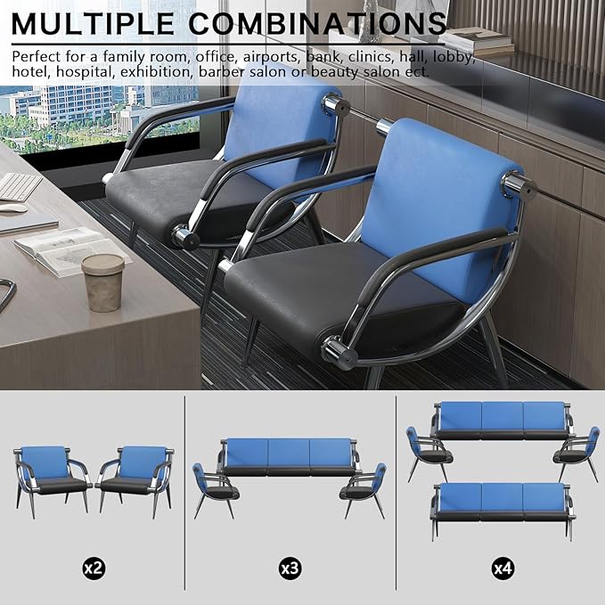 wonline Waiting Room Chair with Armrest PU Leather Office Furniture, Office Guest Seating Lobby Conference Reception Chairs for Airport Clinic Hospital Bank Salon Barber(Blue&Black)