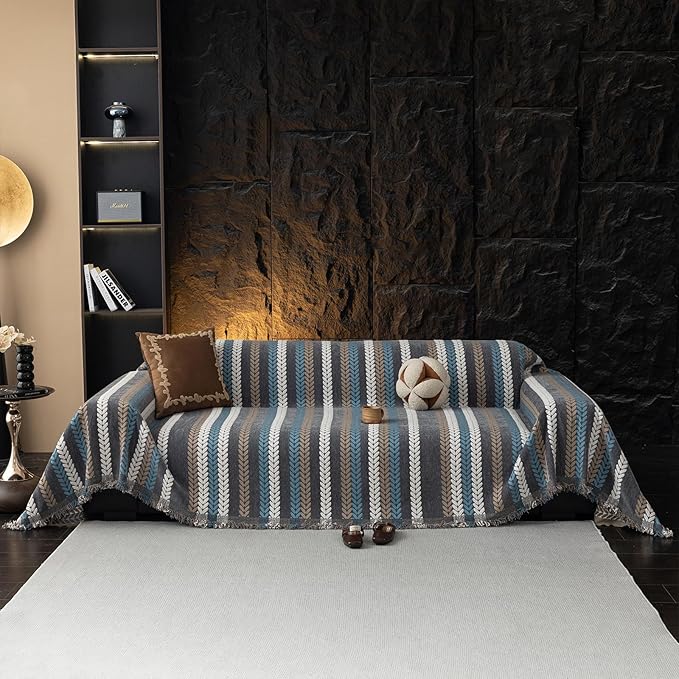 STACYPIK Boho Jacquard Leaves Sofa Cover, Blue Geometric Couch Cover for Dog, Washable Furniture Protector for 3 Cushion Couch, Non Slip Sectional Cover for Loveseat, L Shape Sofa Slipcovers-71X134IN