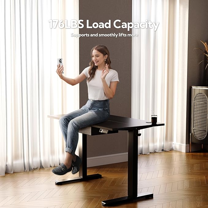 Seang Standing Desk with Drawer, 40" x 24" Height Adjustable Stand Up Desk, 3 Memory Height Settings with Cable Grommets & Storage Hooks, Ideal for Home & Office, Black