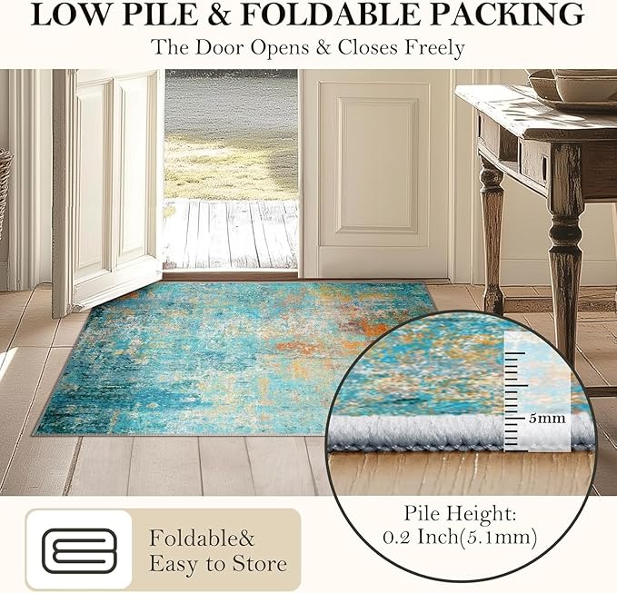 Washable Area Rugs 4ft Non-Slip Modern Abstract Soft for Living Room Entryway Bedroom Nursery, Print Pattern, Teal Blue Green Orange Rust Red Colorful