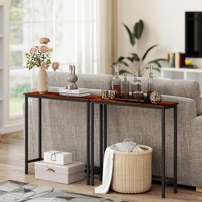 HollyHOME Narrow Console Table, 29.5" Slim Entryway Table, Sofa Stand, Hallway Shelf for Hallway, Bedroom, Living Room, Foyer, Rustic Brown