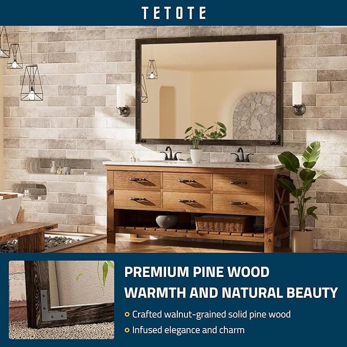 TETOTE 55 x 36 Black Wood Mirror for Bathroom Wall/Bedroom/Living Room/Entryway Farmhouse Rustic Bathroom Vanity Mirror for Over Sink Waterproof (Horizontal/Vertical Mounted)
