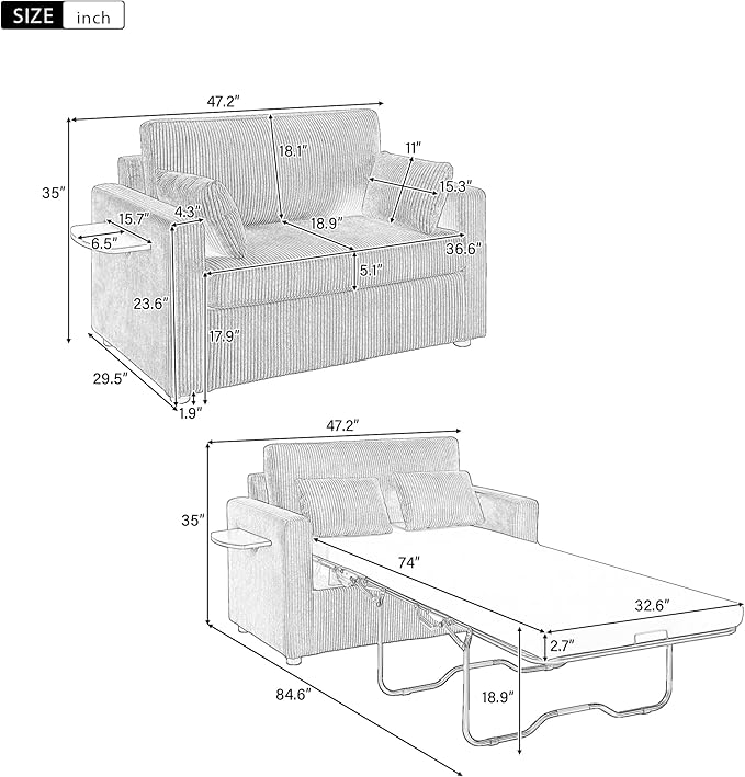Twin Size Sofa Bed 47.2" Sleeper Sofa Loveseat Sofa with a Foldable Mattress, a Foldable Side Table, a Side Storage Pocket and Two USB Ports for Living Room, Black