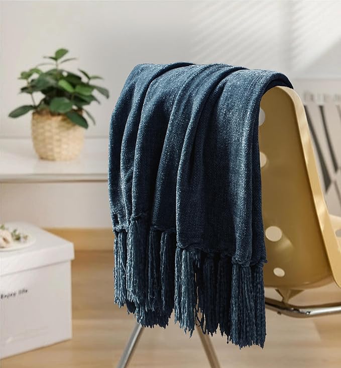 Chenille Throw Blanket for Couch 60"X 80" Twin, Soft Cozy Throws with Fringe Tassel for Bed Sofa Chair Cover, Lightweight Knitted Decorative Boho Blankets for Living Room, Navy Blue