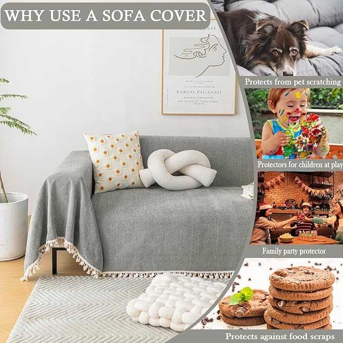 HANDONTIME Couch Slipcovers for Sofas - Dark Grey Couch Cover - Dog-Friendly Boho Pet Protector with Chenille Herringbone Pattern, 91" x 118" (2-3 Seat)