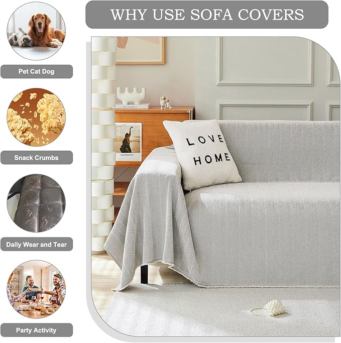 STACYPIK Silver Gray Sofa Cover for Dog, Herringbone Sectional Couch Cover, Pet Friendly Protector for 3 Cushion Couch, Non-Slip L Shaped Sofa Covers, Washable Multi-use Jacquard Blankets-91X150IN