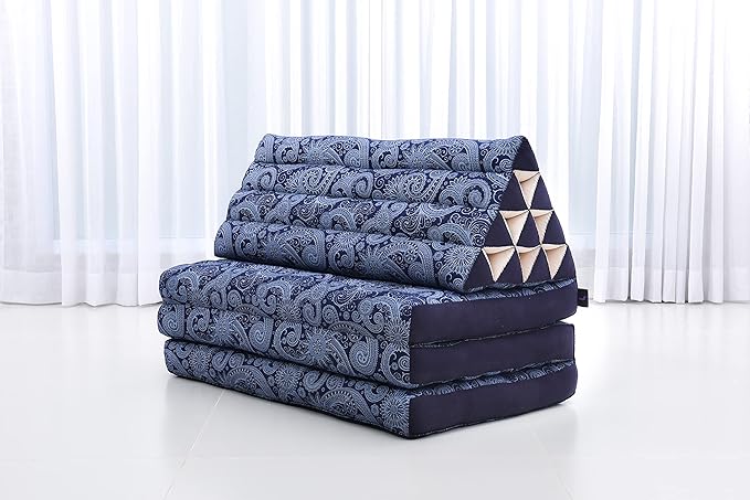 Leewadee Comfortable Japanese Floor Mattress - Thai Floor Bed with Triangle Cushion - Futon Mattress - XL Extra Wide Thai Massage Mat, 67 x 31 inches, Blue White, Kapok Filling