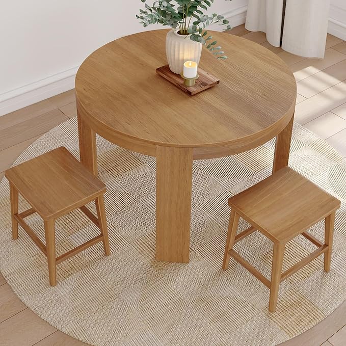 Plank+Beam Smythe Dining Stool, 18",Set of 4, Sturdy Wood Modern Kitchen Stool, Saddle Seat Backless Chair, Metal Footrest, Pecan
