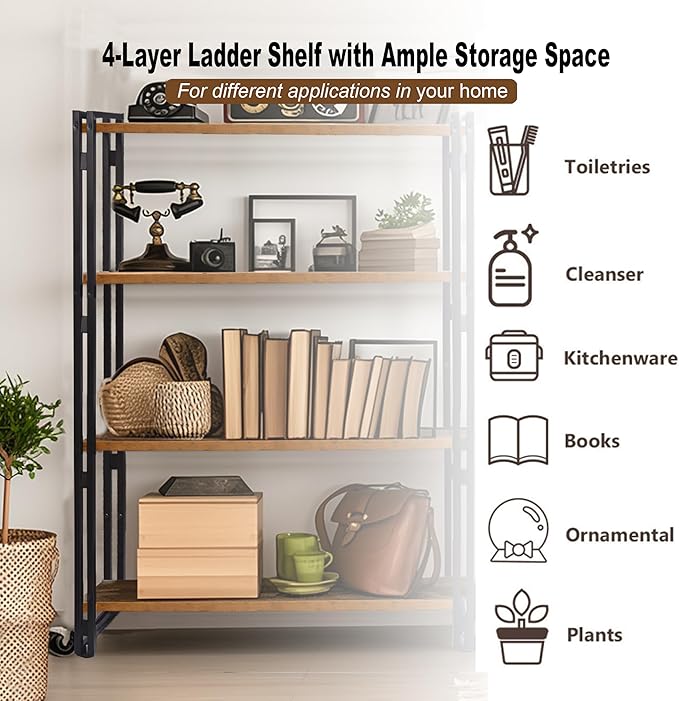 47" 5-Tier Bookshelf Rustic Wood and Metal Industrial Bookshelf for Home Office, Bedroom, Kitchen, Bathroom (Rustic Brown, 5-Tier)