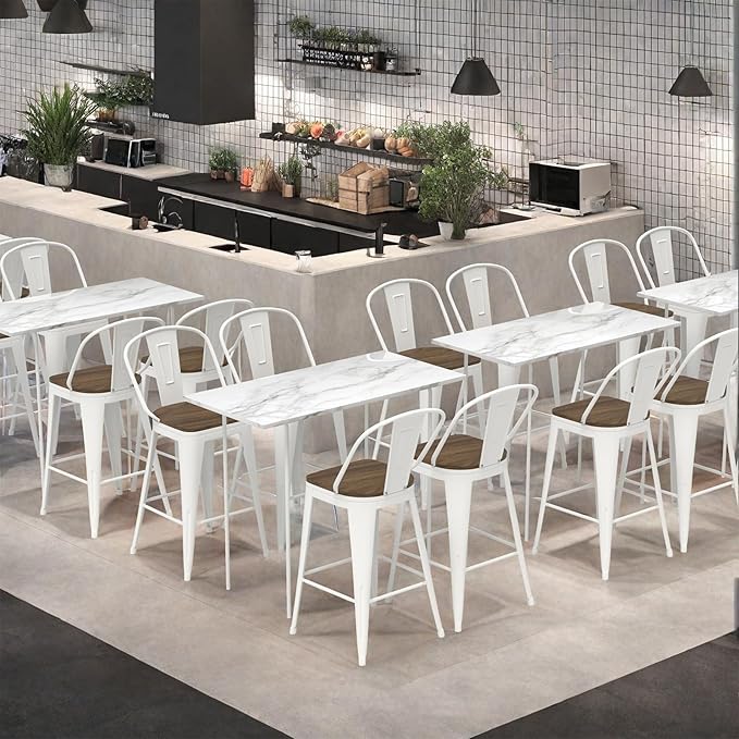 26” Swivel Bar Stools Set of 4, Counter Height Bar Stools Wooden Seat, Metal Industrial Bar Chairs with High Back for Kitchen Island (White)