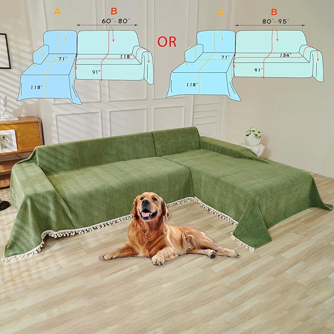 HANDONTIME Green Sofa Cover Vintage Couch Cover for Dogs 71" X118" Couch Cushion Covers with Tassel Herringbone Sofa Cover Boho Sofa Covers for 3 Cushion Couch Chenille Soft Loveseat Sofa Covers