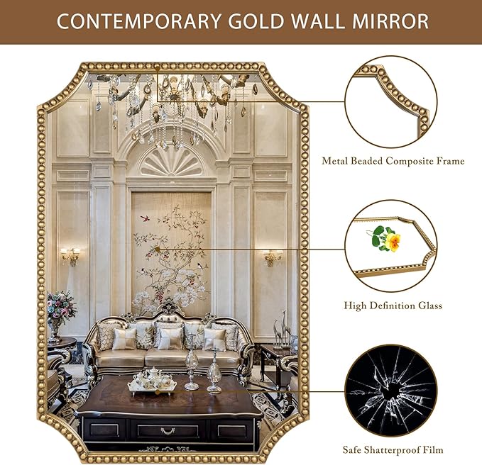 30"x40" Mirror for Wall, Full Scalloped Corners Rectangle Decorative Mirror, Metal Beaded Frame Accent Wall Decor for Bathroom, Entryway, Mantel, Antique Gold