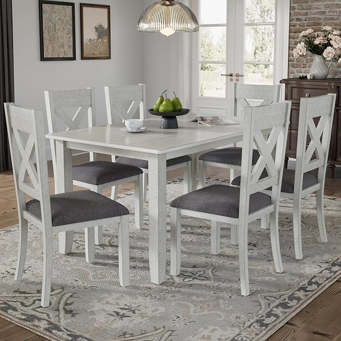 VECELO Peatuk 6-Piece Solid Wood Dining Table Set for 6, Modern Breakfast Dinette Kitchen Table with Chairs for Dining Room, Kitchen, Grey