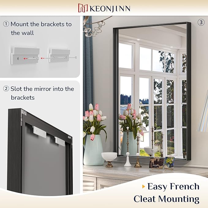 Keonjinn 30x30 Inch Black Bathroom Mirror, Modern Farmhouse Rectangular Wall Mirror with Aluminum Alloy Frame, Horizontal/Vertical Mounting