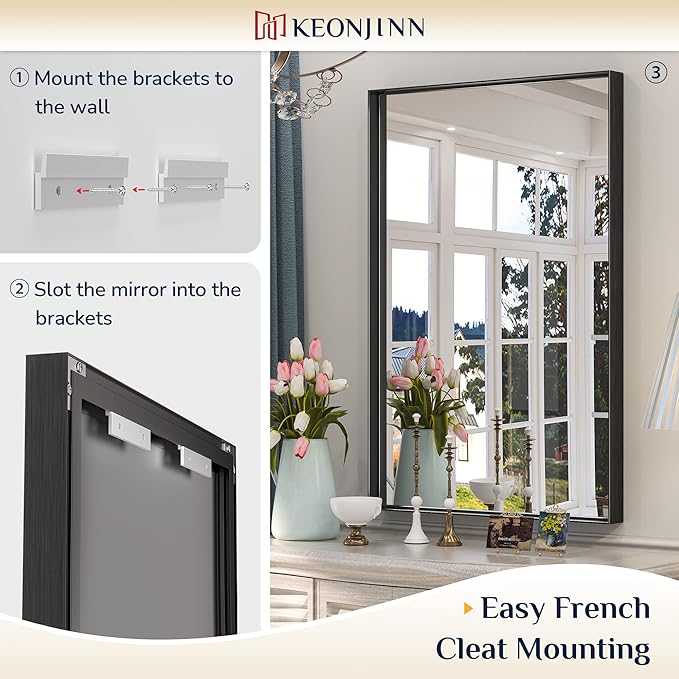 Keonjinn Black Mirror for Bathroom 60 x 40 Inch Rectangular Wall Mirror Large Matte Black Vanity Mirror Metal Frame Rectangle Farmhouse Mirror, Modern Square Corner Framed Mirror(Horizontal/Vertical)