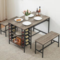 IDEALHOUSE Dining Table Set for 4, Kitchen Table Set for 4 with 2 Benches, Rectangular Dining Room Table Set with Wine Rack, 3 Piece Dining Table Set for Small Space Apartment, Grey