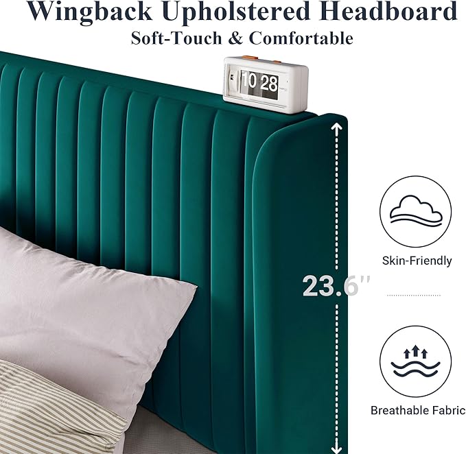 Allewie Full Size Bed Frame/Velvet Upholstered Platform Bed/Vertical Channel Tufted Wingback Headboard/Strong Wooden Slats/No Box Spring Needed/Easy Assembly/Teal