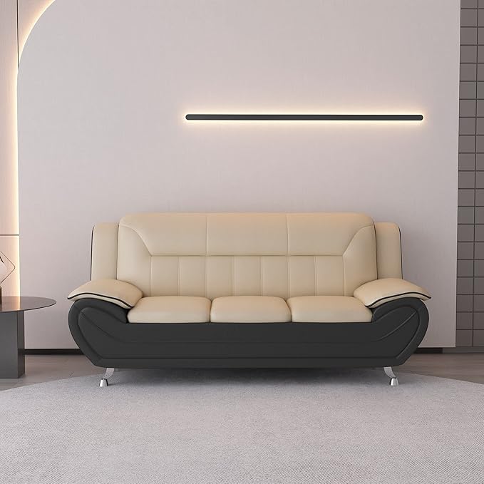 Container Furniture Direct Michael Modern Faux Leather Upholstered Stainless Steel Legs Living Room Sofa, Black Camel