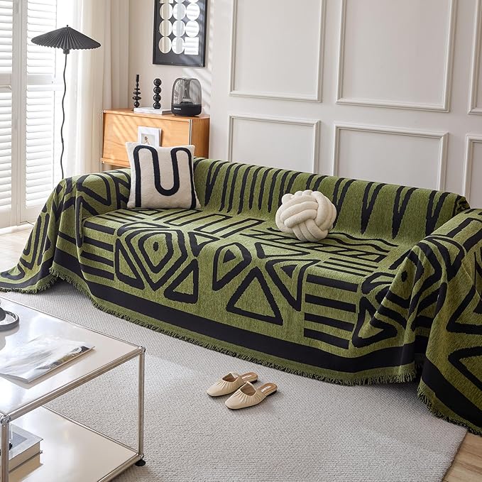 HANDONTIME Boho Geometric Couch Covers for Sofa Pet Friendly Avocado and Black Sofa Covers Washable Chenille Couch Blanket Cover for 3 4 Cushion Couches Pet Protector Furniture Cover Soft, 71" X 150"