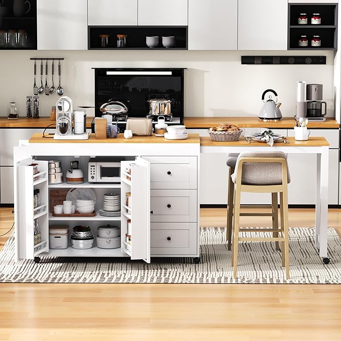 Ball & Cast 74.8" Kitchen Island with Extendable Dining Table,Kitchen Storage Cart W/Power Outlet and 3 Drawers,Rolling Kitchen Island on Wheels W/Spice Rack & 2 Door Cabinet,for Kitchen,White