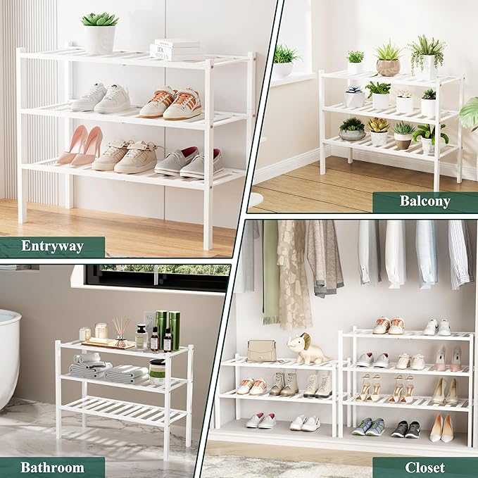 Smiry Shoe Rack, 4 Tier Bamboo Shoe Organizer, Stackable Free Standing Wooden Shoe Storage Shelf for Closet, Entryway, Front Door Entrance, White