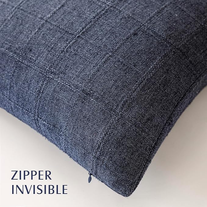 Foindtower Set of 2 Decorative Linen Check Throw Pillow Covers Neutral Farmhouse Vintage Cushion Covers Modern Boho Home Decor for Sofa Chair Couch Bedroom Living Room Outdoor,24×24 Inch,Navy Blue