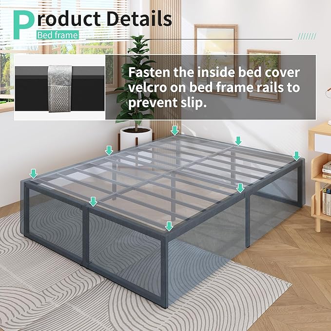 18 Inch Full Size Bed Frame with Storage Bed Cover Skirt, Heavy Duty Metal Full Platform Bed Frame No Box Spring Needed, Easy Assembly, Noise Free, Black and Blue
