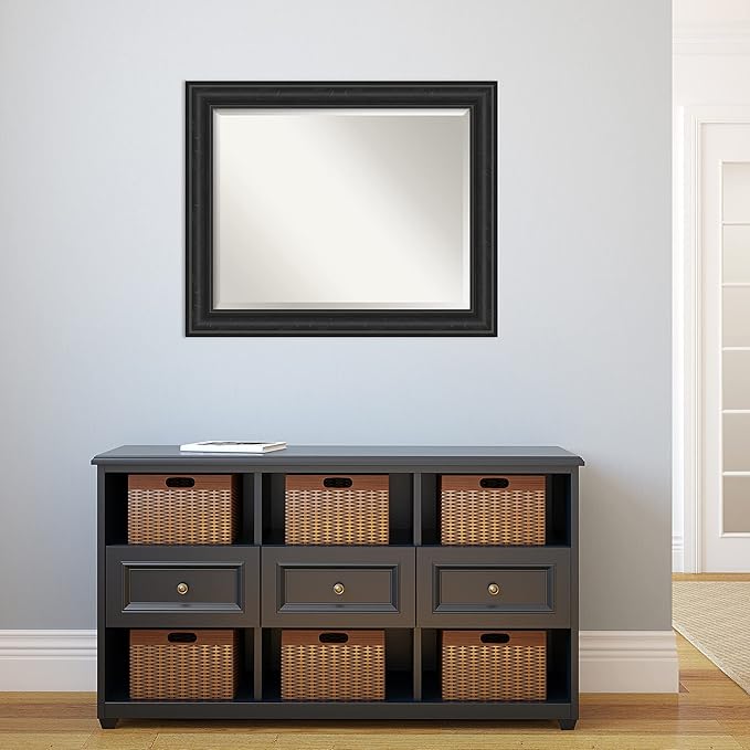 Amanti Art Black Bathroom Mirror for Over Sink, 28x34 Shipwreck Black Rectangle Vanity Mirror, Large Rustic Farmhouse Frame, Hangs Horizonally and Vertically, Bathroom Wall Decor, Beveled Edge